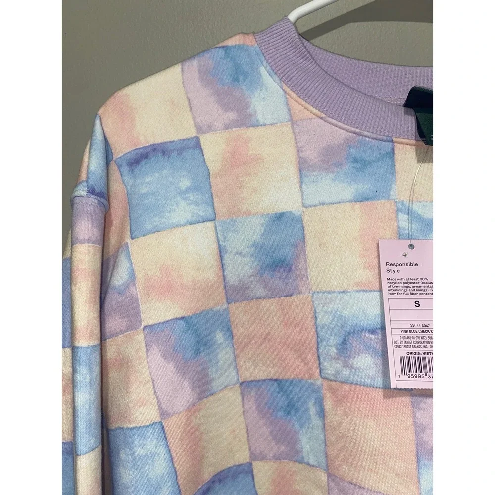 NWT Wild Fable Pink‎ Blue Checkerboard Pattern Sweatshirt, Small - Picture 2 of 5